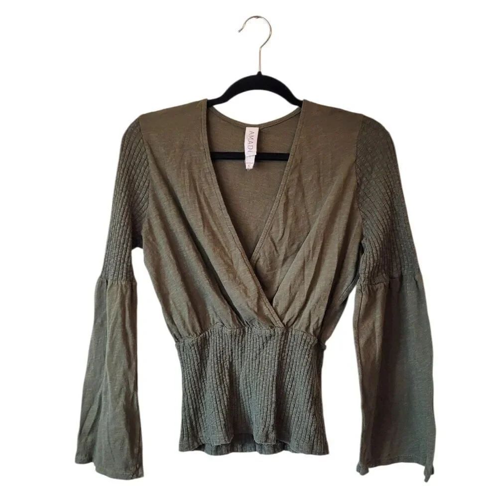 AMADI Olive Green Wrap-Style Smocked Waist Top Size S